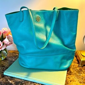 Tory Burch authentic aqua blue leather tote with green interior
